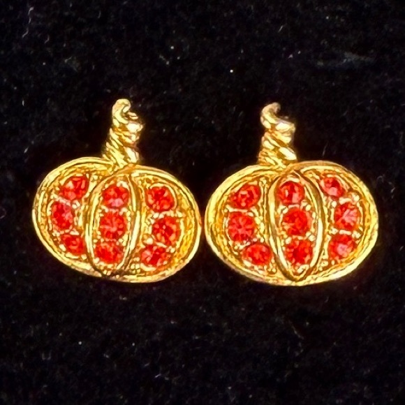 Goldtone Red Bling Fall Autumn Festive Halloween Pumpkin Pierced Earrings - Picture 3 of 4